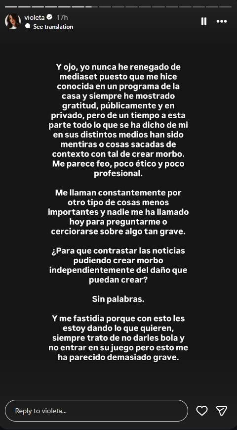 Les paraules de Violeta Mangriñan sobre Telecinco / Instagram