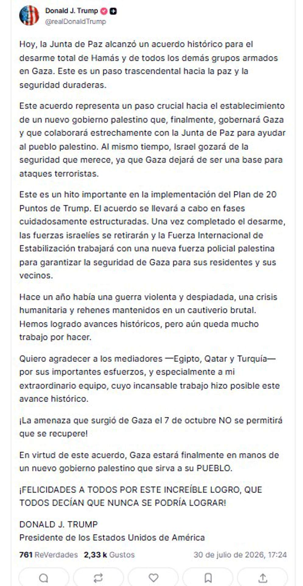 Missatge Donald Trump anuncia acord Missatge Donald Trump anuncia acord