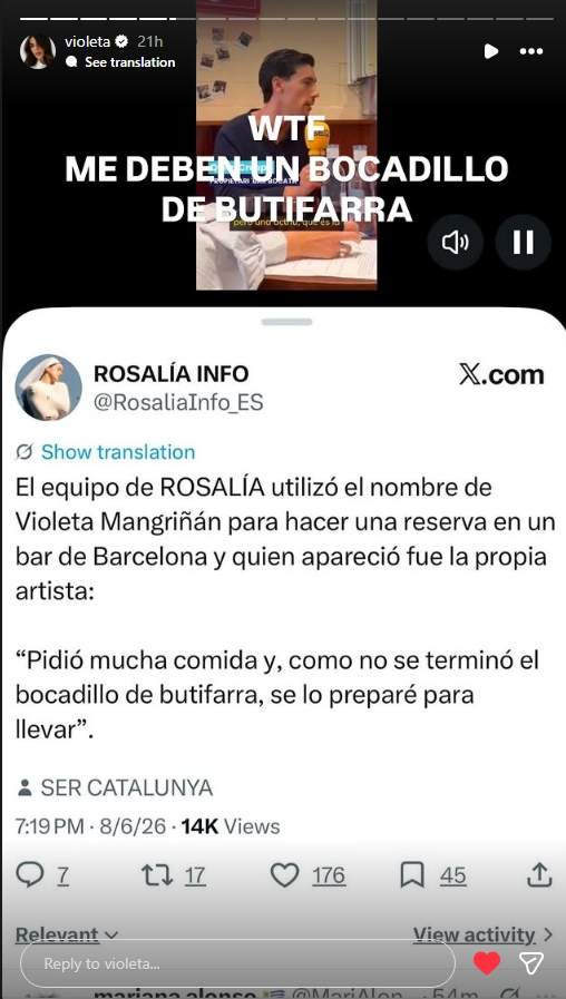 La resposta de Violeta Mangriñán / Instagram La resposta de Violeta Mangriñán / Instagram