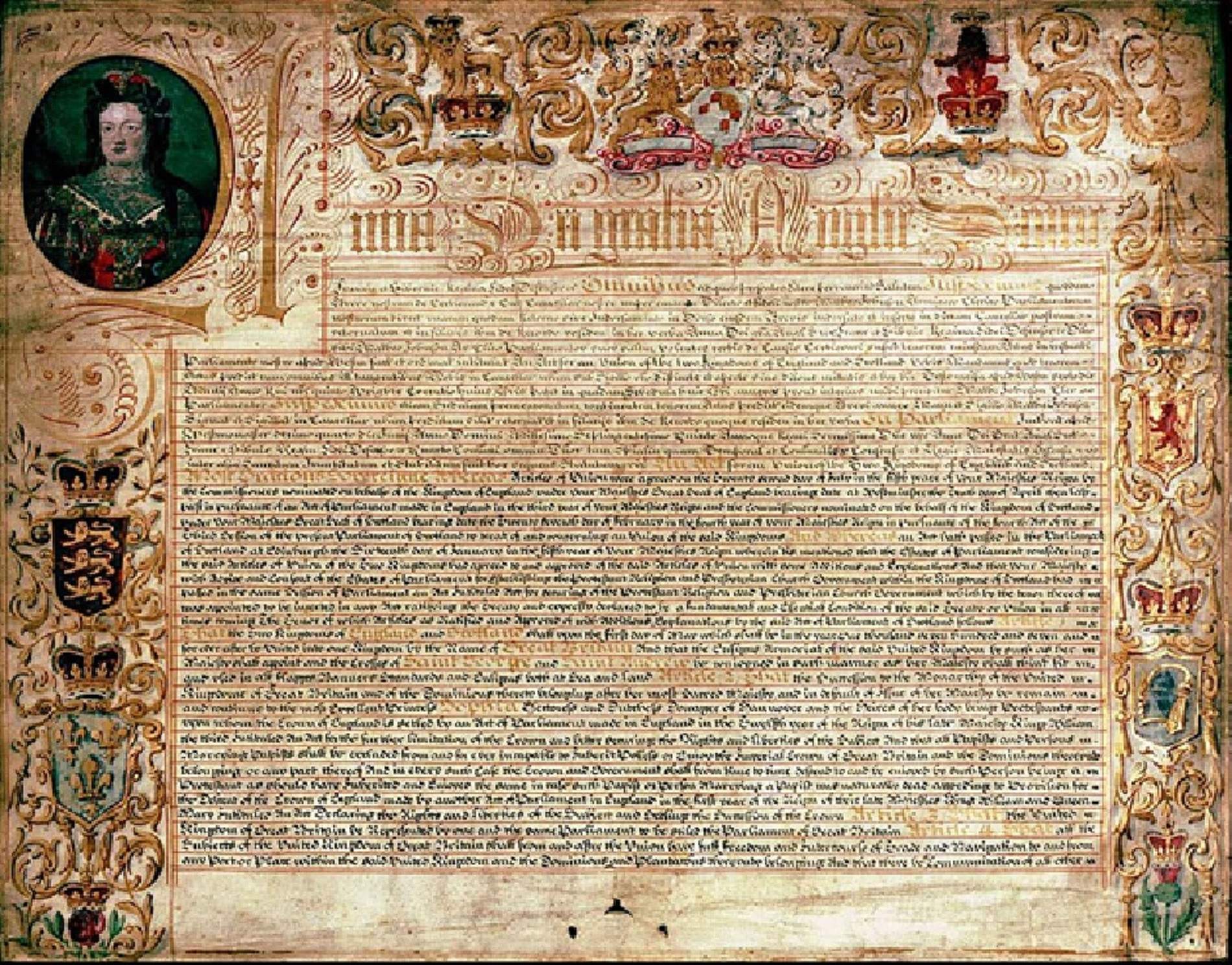 Tractat d'Unió signat per Parlament escocès, amb la imatge de la reina Anna I d'Anglaterra. Font Parlament d'Escócia Tractat d'Unió signat per Parlament escocès, amb la imatge de la reina Anna I d'Anglaterra. Font Parlament d'Escócia
