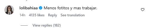 El comentario de Loli Bahía a Rosalía / Instagram El comentario de Loli Bahía a Rosalía / Instagram
