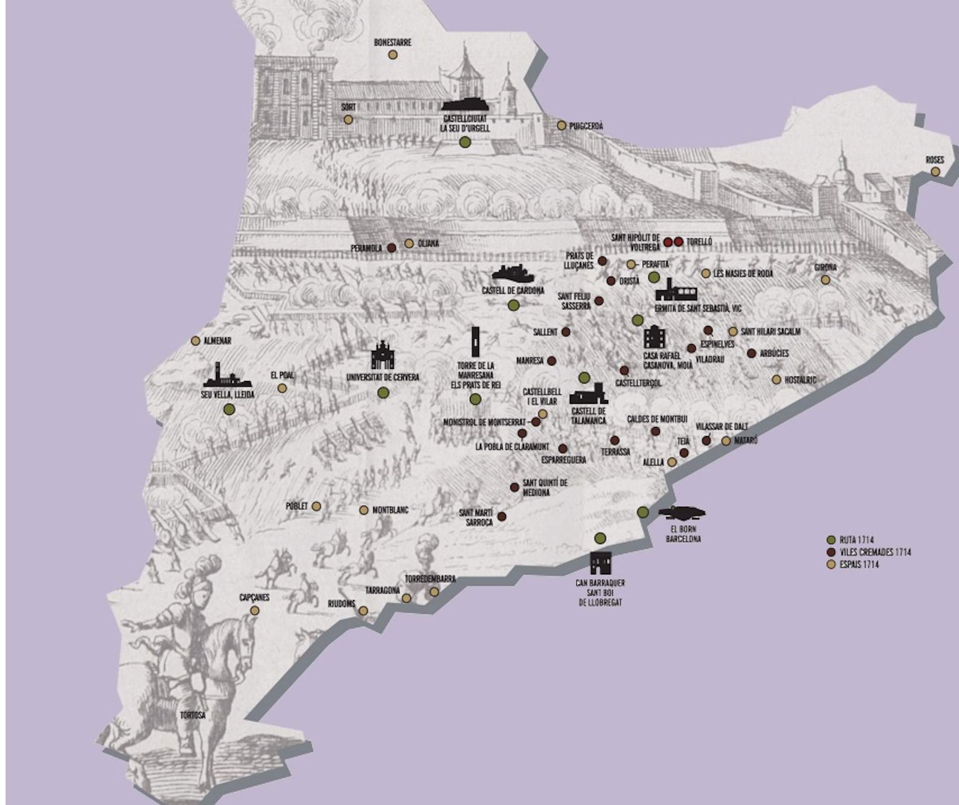 Mapa dels pobles i viles cremats pels borbonics durant l'ocupació i la primera postguerra. Font Museu d'Història de Catalunya