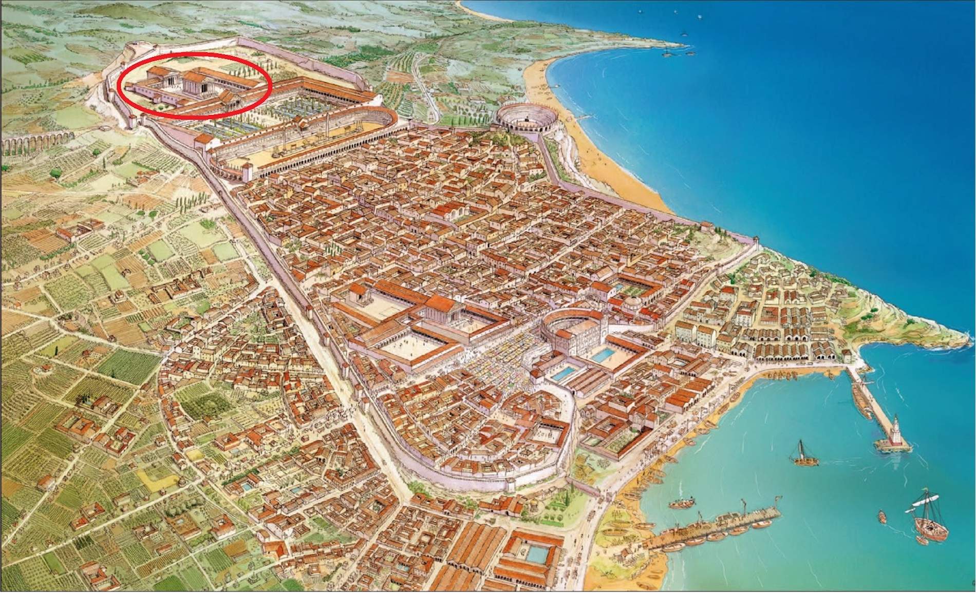 Representació de la ciutat romana de Tarraco. Encerclat en vermell, el temple d'August. Font Ajuntament de Tarragona Representació de la ciutat romana de Tarraco. Encerclat en vermell, el temple d'August. Font Ajuntament de Tarragona