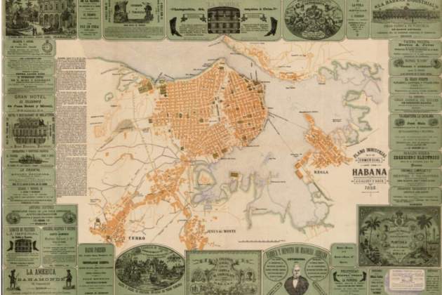 Plànol comercial de l'Havana (1882) editat a Barcelona. La majoria dels anunciants son catalans. Font Cartoteca de Catalunya (Grande)