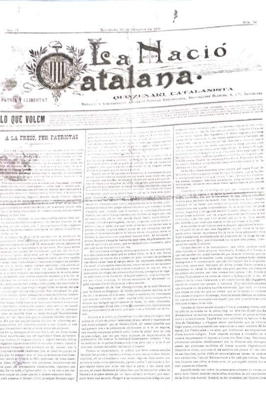 Retall de La Nació Catalana del 30 de setembre de 1901, amb la crònica de les detencions sota el títol "A la presó, per patriotas" / Reeixida Retall de La Nació Catalana del 30 de setembre de 1901, amb la crònica de les detencions sota el títol "A la presó, per patriotas" / Reeixida