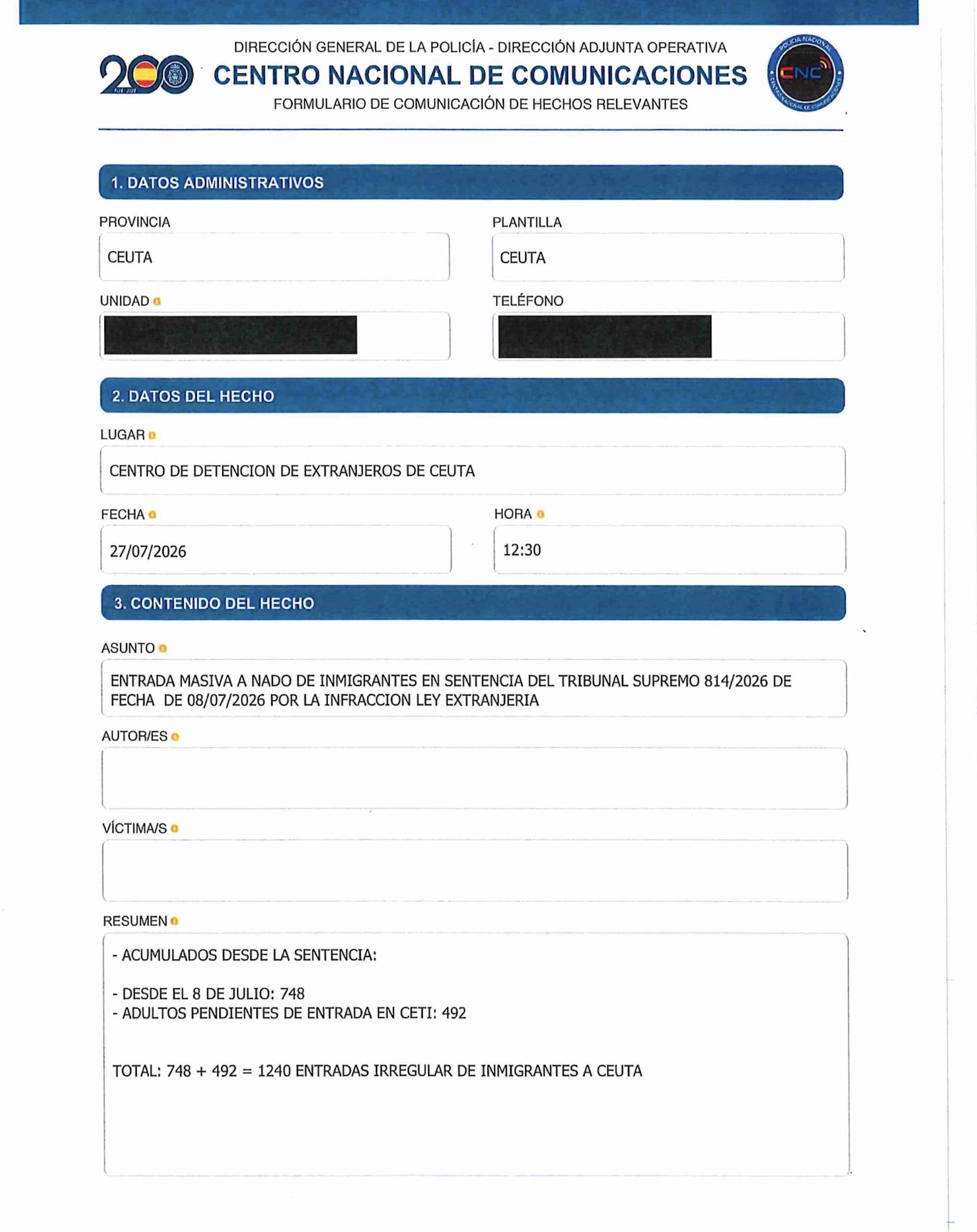 Comunicado de "hechos relevantes" de la Policía Nacional del 27 de julio Comunicado de "hechos relevantes" de la Policía Nacional del 27 de julio