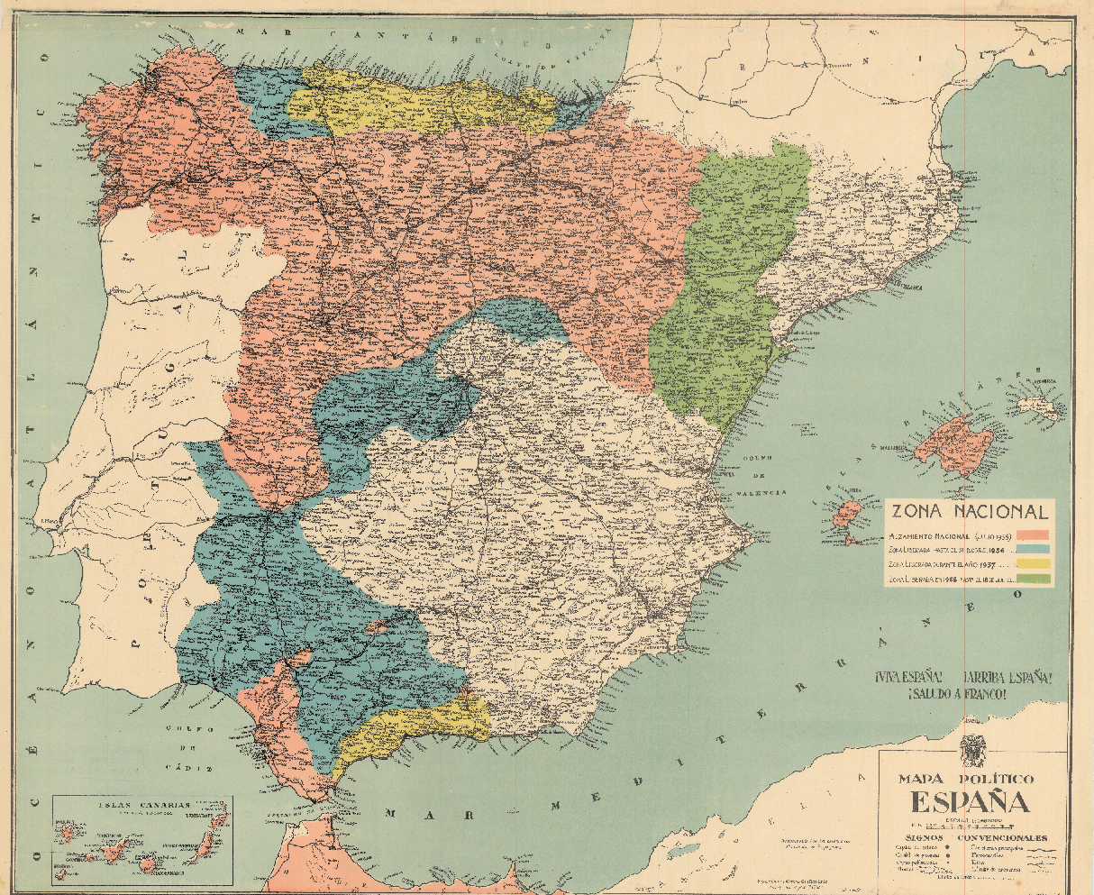 Mapa de España cartografiado por el ejercido rebelde franquista (1938). Fuente Instituto Geogràfico Nacional