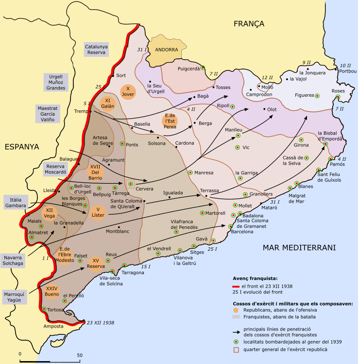 Mapa de l'ofensiva franquista desprès de la Batalla de l'Ebre. Font Viquipèdia