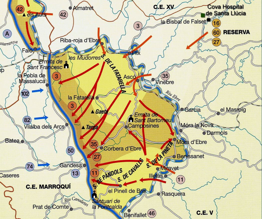 Mapa de la Batalla de l'Ebre. Font Espais Memorial Batalla de l'Ebre