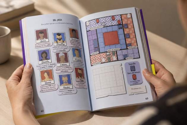 Una lectora resol un dels enigmes de Murdoku, que combina pistes, lògica i escenes de crim en format de passatemps.