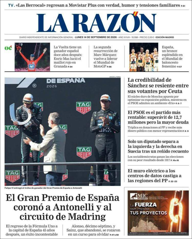 'La Razón', 14 de setembre de 2026 'La Razón', 14 de setembre de 2026