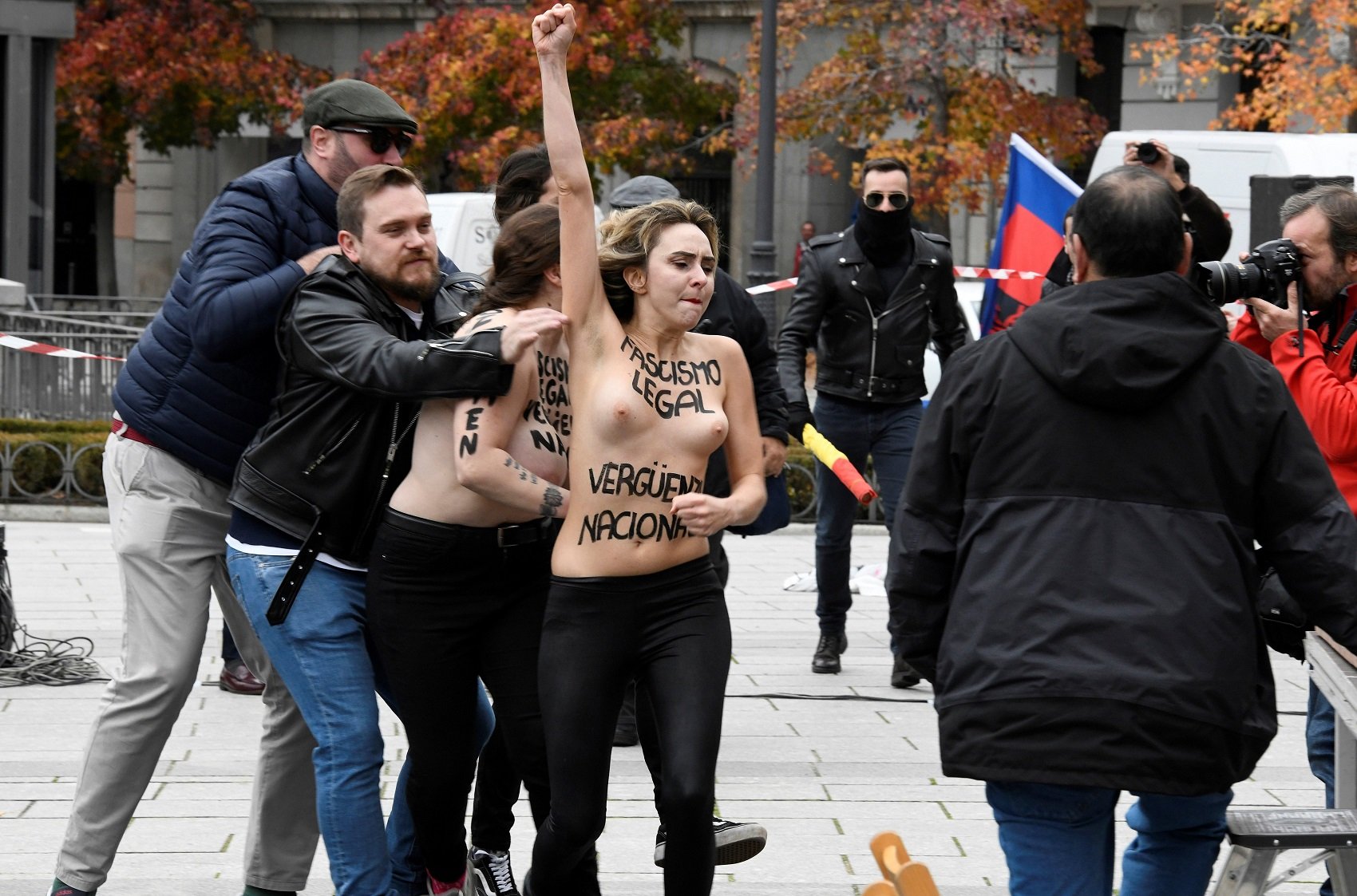 Fascists chant "Franco, Franco" in Madrid, and Femen responds with counter protest