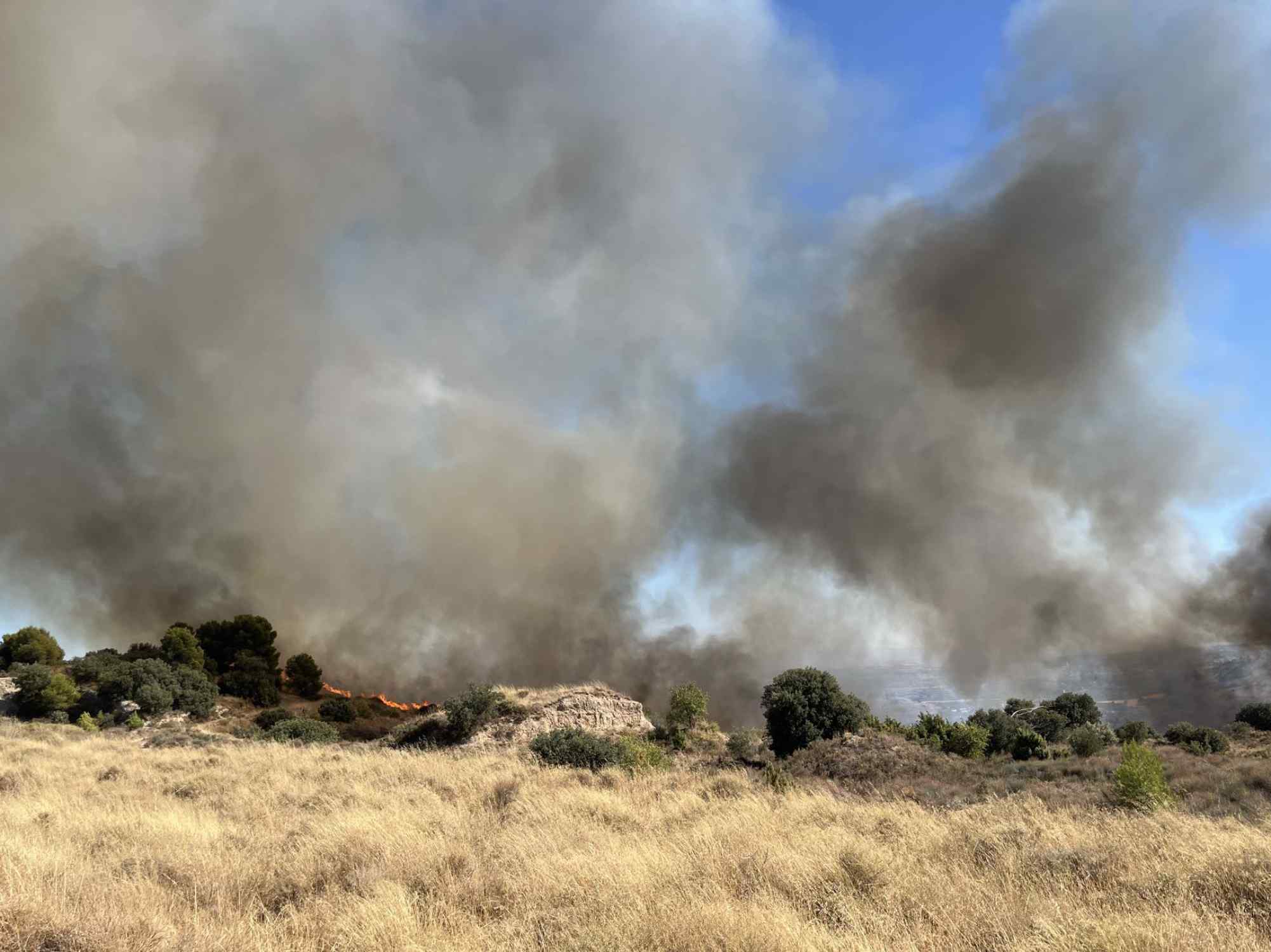 Un incendi forestal a Alfarràs obliga a tallar la carretera N-230 i alguns veïns s'han de confinar