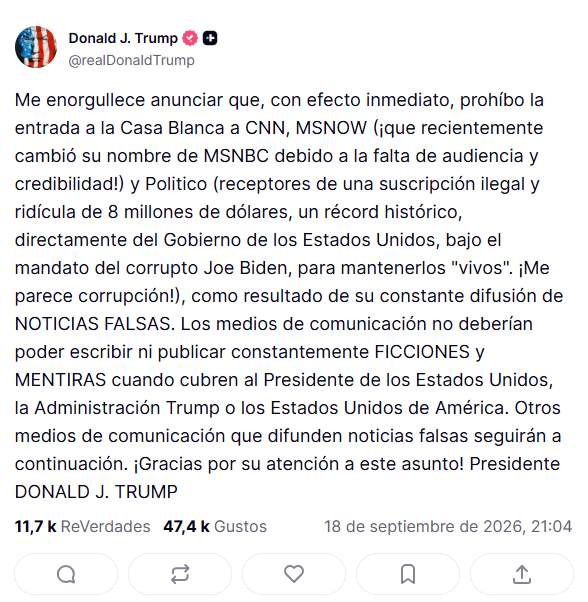 Missatge de Trump a la seva xarxa Truth Social Missatge de Trump a la seva xarxa Truth Social
