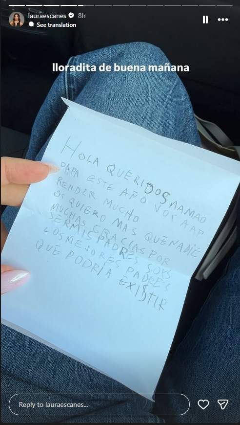 La nota que ha escrit la filla de Laura Escanes per als seus pares / Instagram La nota que ha escrit la filla de Laura Escanes per als seus pares / Instagram