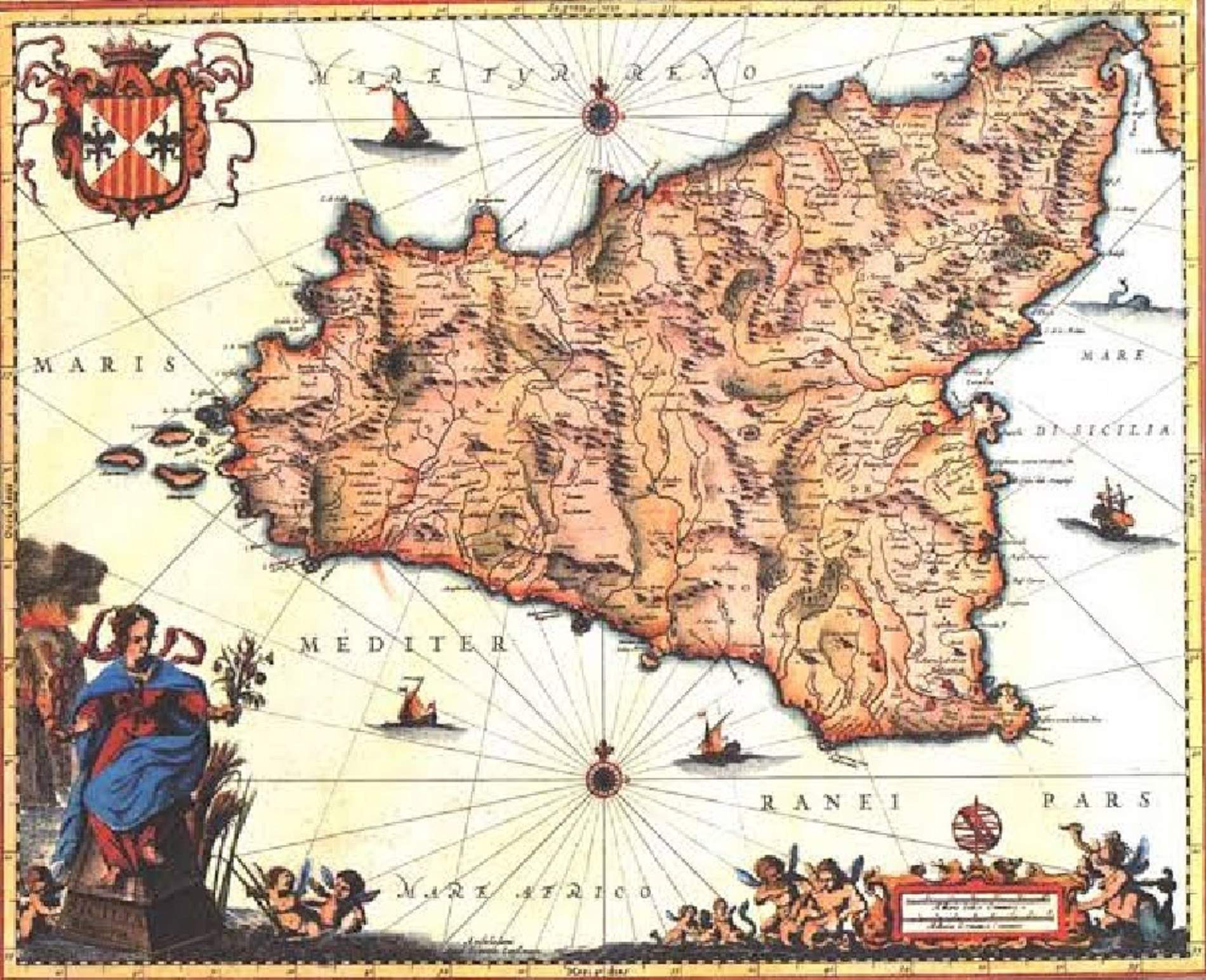 Mapa de Sicília (segle XVII) amb l'escut (l'aliga bicèfala i les quatre barres). Font Biblioteca Diodoro de Sicília Mapa de Sicília (segle XVII) amb l'escut (l'aliga bicèfala i les quatre barres). Font Biblioteca Diodoro de Sicília