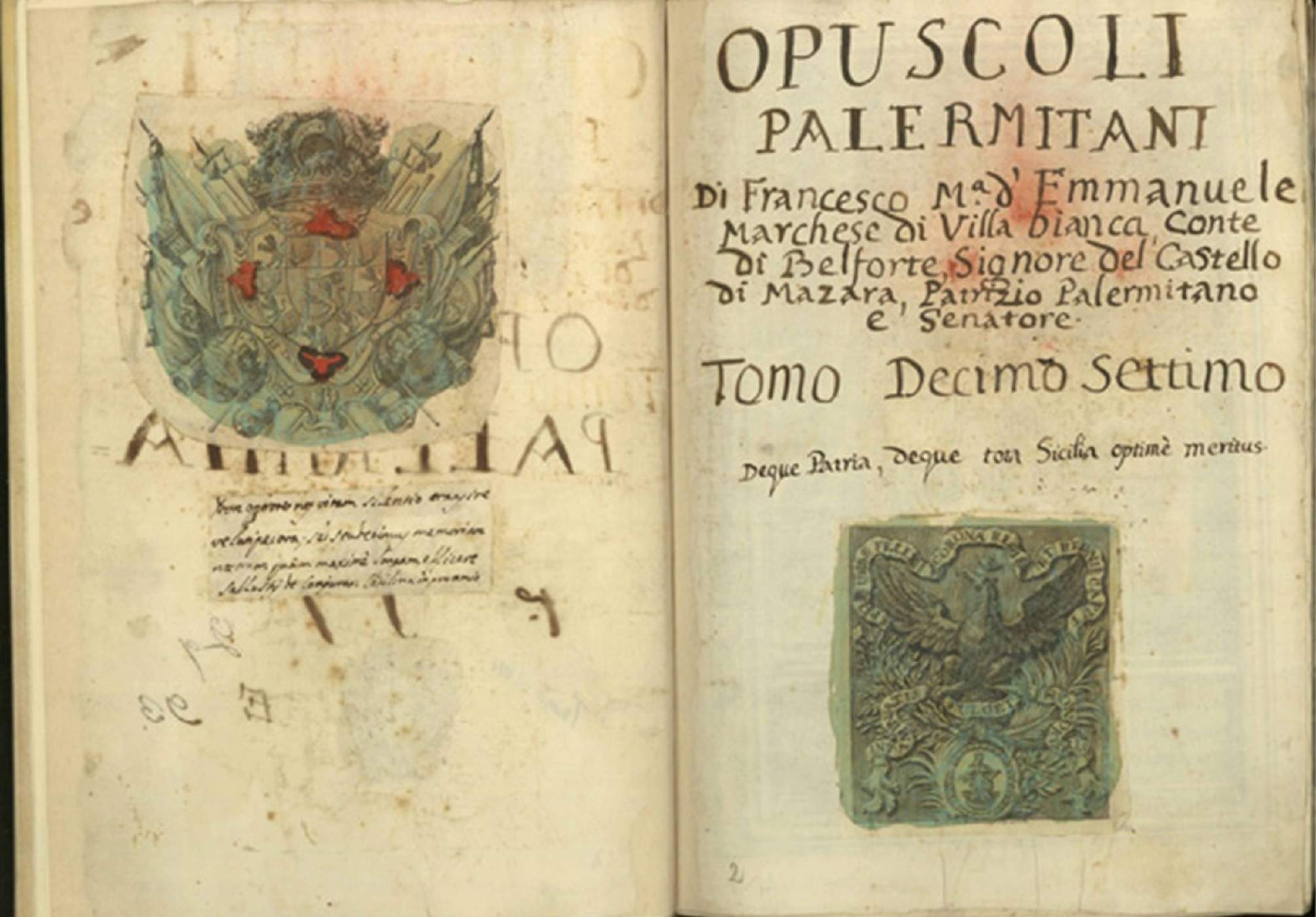 Primera plana del Opuscoli Palermitani (1754). Font Istituto Euroarabo de Mazara del Valle Primera plana del Opuscoli Palermitani (1754). Font Istituto Euroarabo de Mazara del Valle