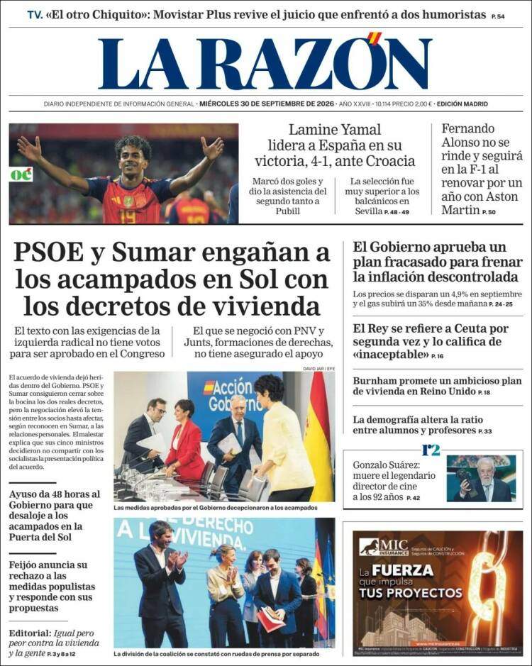 Portada 'La Razón' Portada 'La Razón'