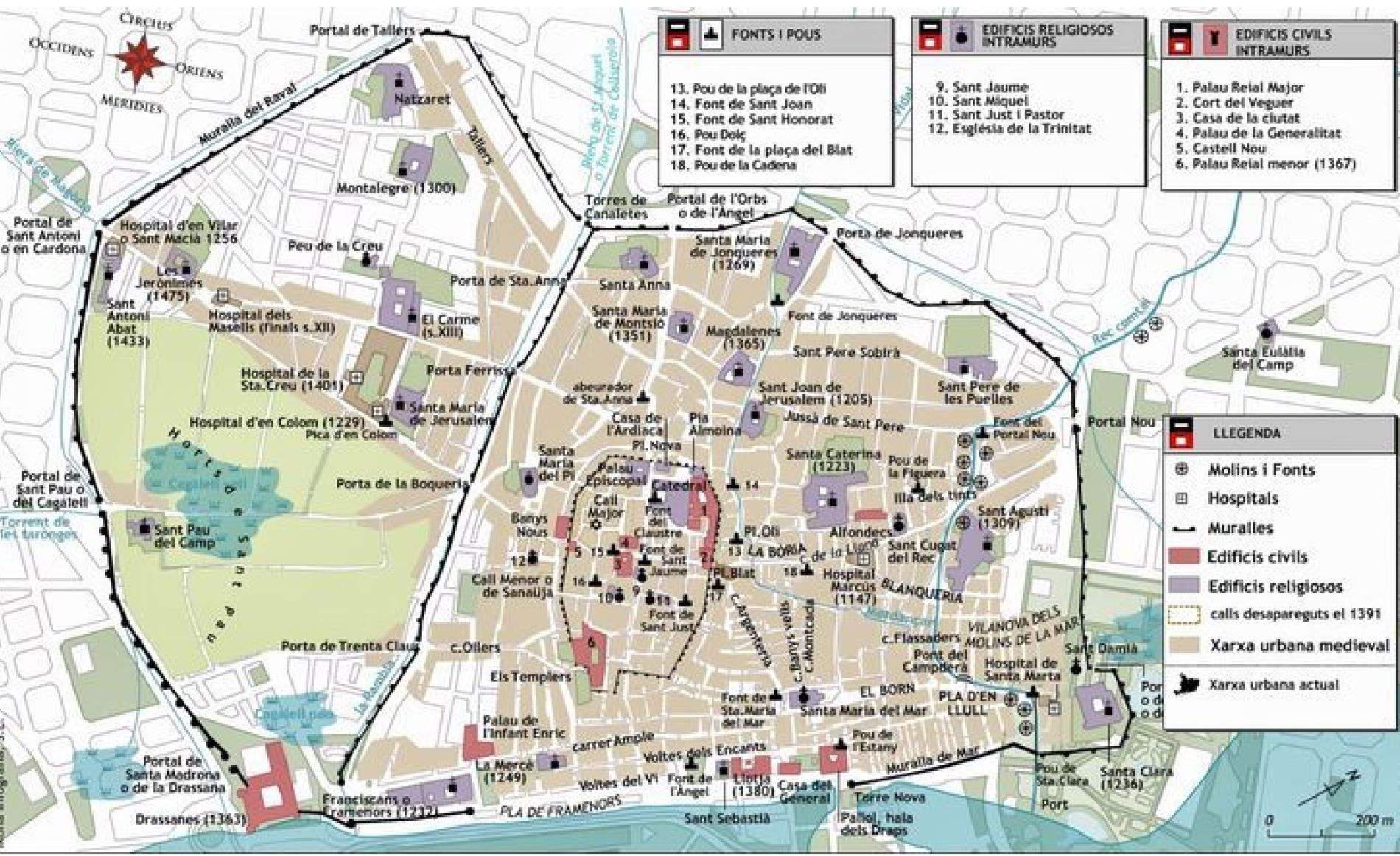 Traçat de les tres muralles de Barcelona (la romana, la de Jaume I i la més nova, del Raval). Font Departament d'Aqueologia de l'Ajuntament de Barcelona Traçat de les tres muralles de Barcelona (la romana, la de Jaume I i la més nova, del Raval). Font Departament d'Aqueologia de l'Ajuntament de Barcelona