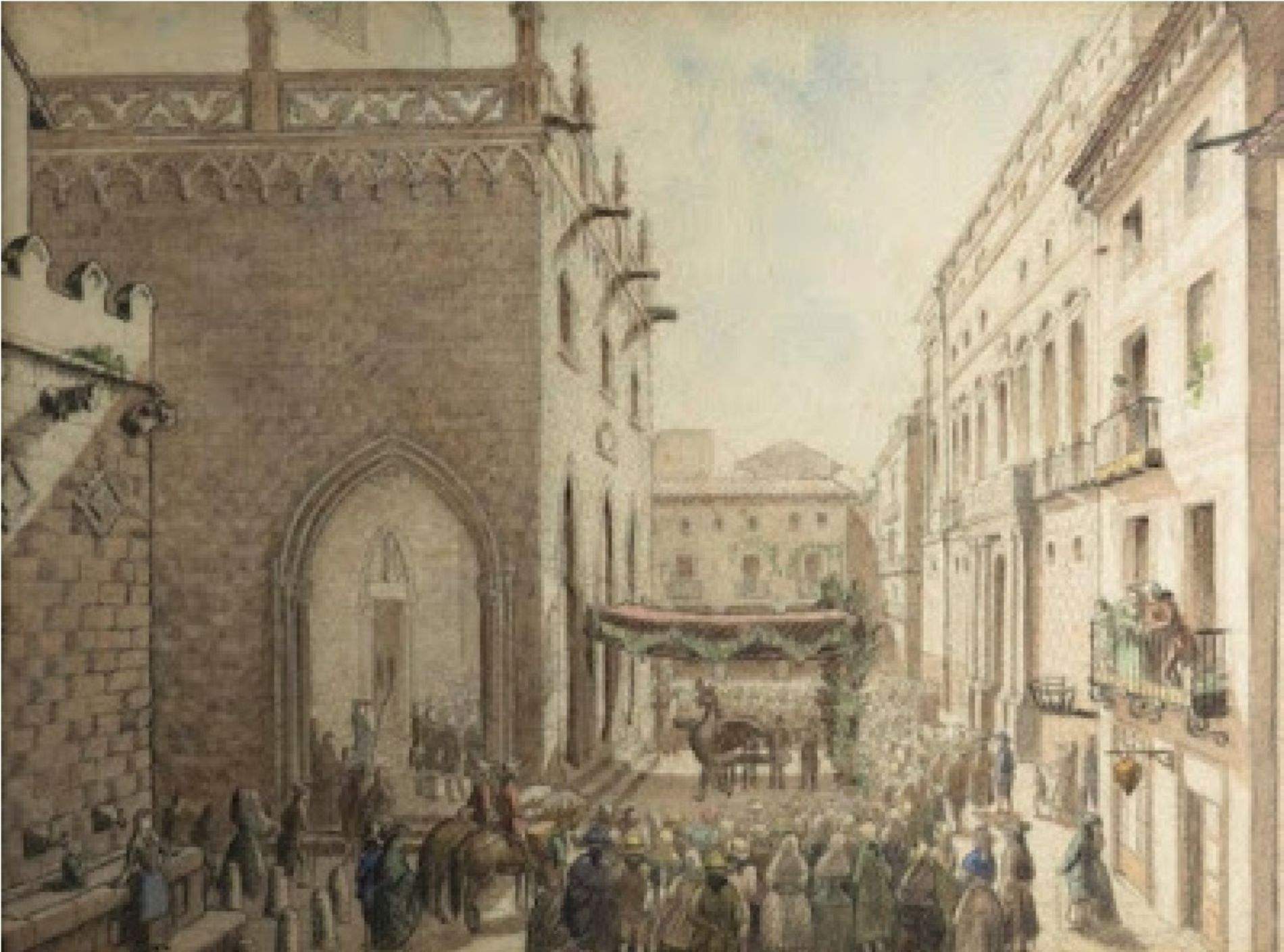 Representació moderna de la Plaça Sant Jaume a l'epoca medieval. Font Diputació de Barcelona Fons Lola Anglada Representació moderna de la Plaça Sant Jaume a l'epoca medieval. Font Diputació de Barcelona Fons Lola Anglada
