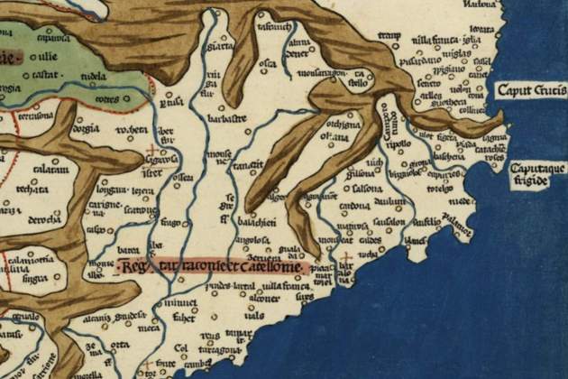 Fragment d'un mapa de la península ibèrica. Catalunya (1482). Font Institut Cartografic de Catalunya (1) Fragment d'un mapa de la península ibèrica. Catalunya (1482). Font Institut Cartografic de Catalunya (1)
