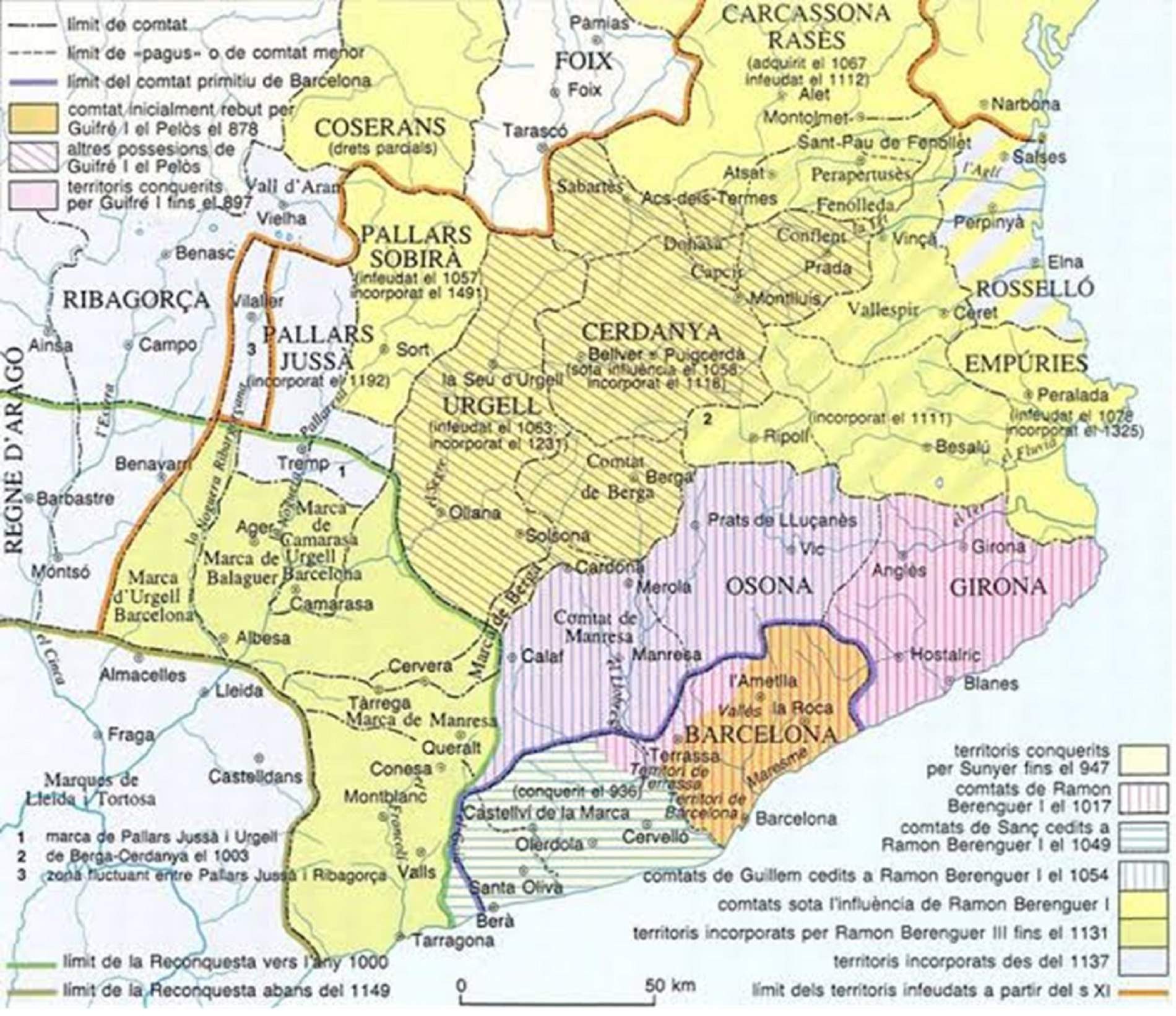 Mapa del avance territorial catalán hacia el sur (siglos X, XI y XII). Fuente Enciclopedia Catalana