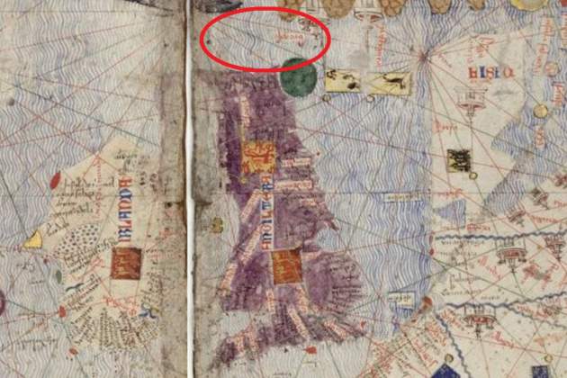 Fulls 4 i 5 de l'Atles Català d'Abraham Cresques. Encerclat en vermell la posició de les Órcades i les Shetland. Font Bibliothèque Nationale de France (1) (1) Fulls 4 i 5 de l'Atles Català d'Abraham Cresques. Encerclat en vermell la posició de les Órcades i les Shetland. Font Bibliothèque Nationale de France (1) (1)