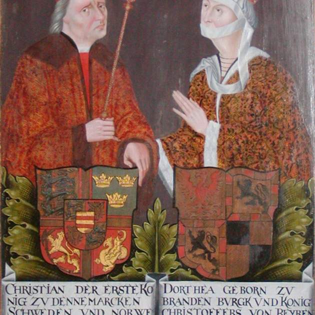 Representació coetània de Cristian I i Dorotea, sogres de Jaume III d'Escòcia. Font Museu Nacional d'Història de Frederiksborg (Dinamarca) (1) Representació coetània de Cristian I i Dorotea, sogres de Jaume III d'Escòcia. Font Museu Nacional d'Història de Frederiksborg (Dinamarca) (1)