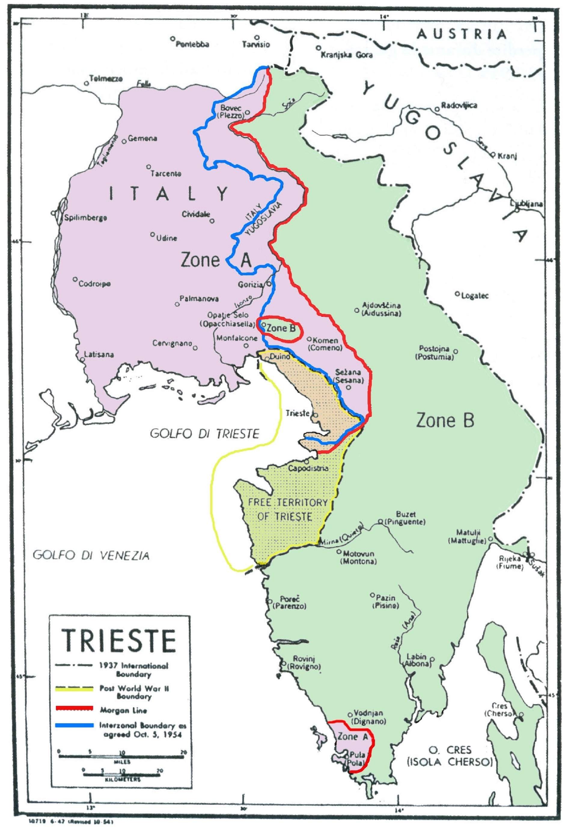 Redibuix del mapa de les regions nord orientals del que havia estat Itàlia (1945 1954). Font Govern dels Estats Units Redibuix del mapa de les regions nord orientals del que havia estat Itàlia (1945 1954). Font Govern dels Estats Units