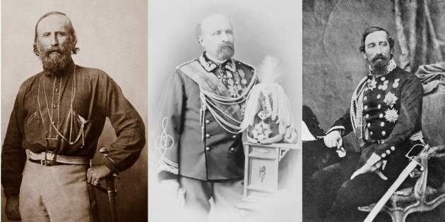 Fotografies de Garibaldi, Cadorna i La Màrmora, generals de la unificació italiana. Font Wikimedia Commons (Grande)