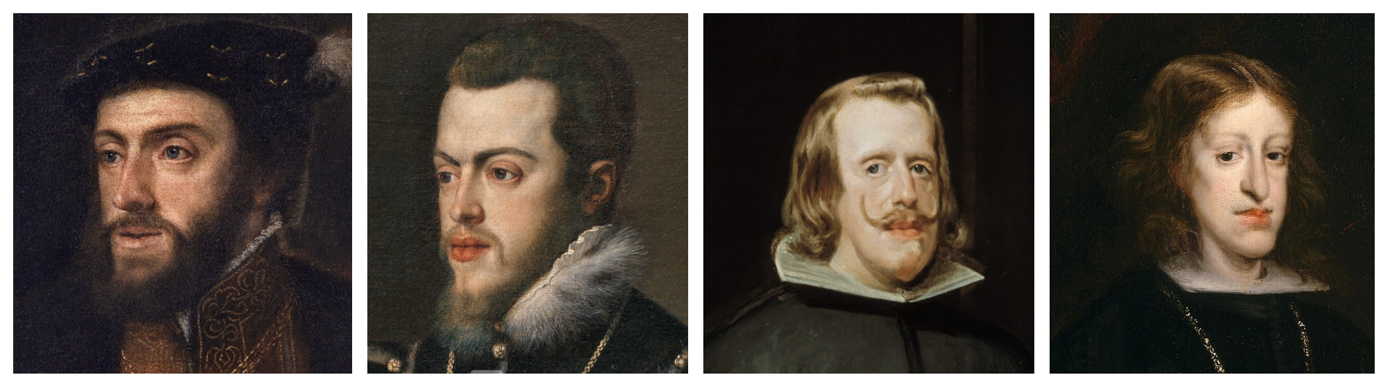 Alguns dels monarques de la dinastia dels Habsburg, per ordre cronològic i d'esquerra a dreta: Carles I i Felip II (Tiziano), Felip IV (Velázquez) i Carles II (Juan Carreño de Miranda).