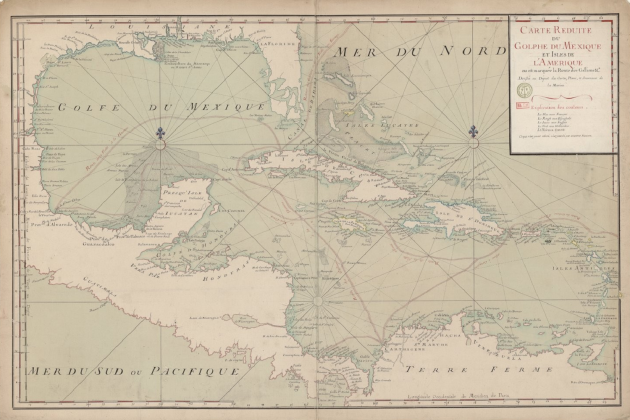 Mapa francès de l'illa de Cuba, Florida, Louisiana i Mexic (1755). Font Bibliothèque Nationale de France
