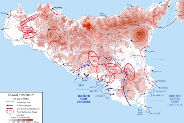 Mapa del desembarcament aliat de Sicilia (juliol, 1943). Font Centre d'Estudis Militars de la Gran Bretanya (1)