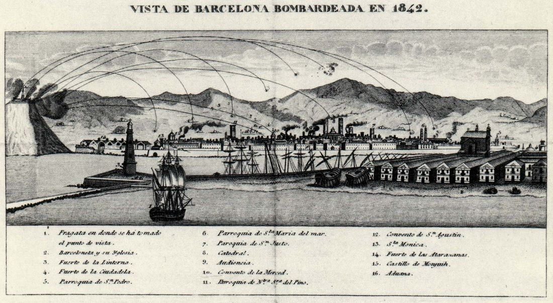 Muere Lesseps, el cónsul francés que hizo detener el Bombardeo d'Espartero. Grabado del bombardeo. Fuente Ayuntamiento de Barcelona