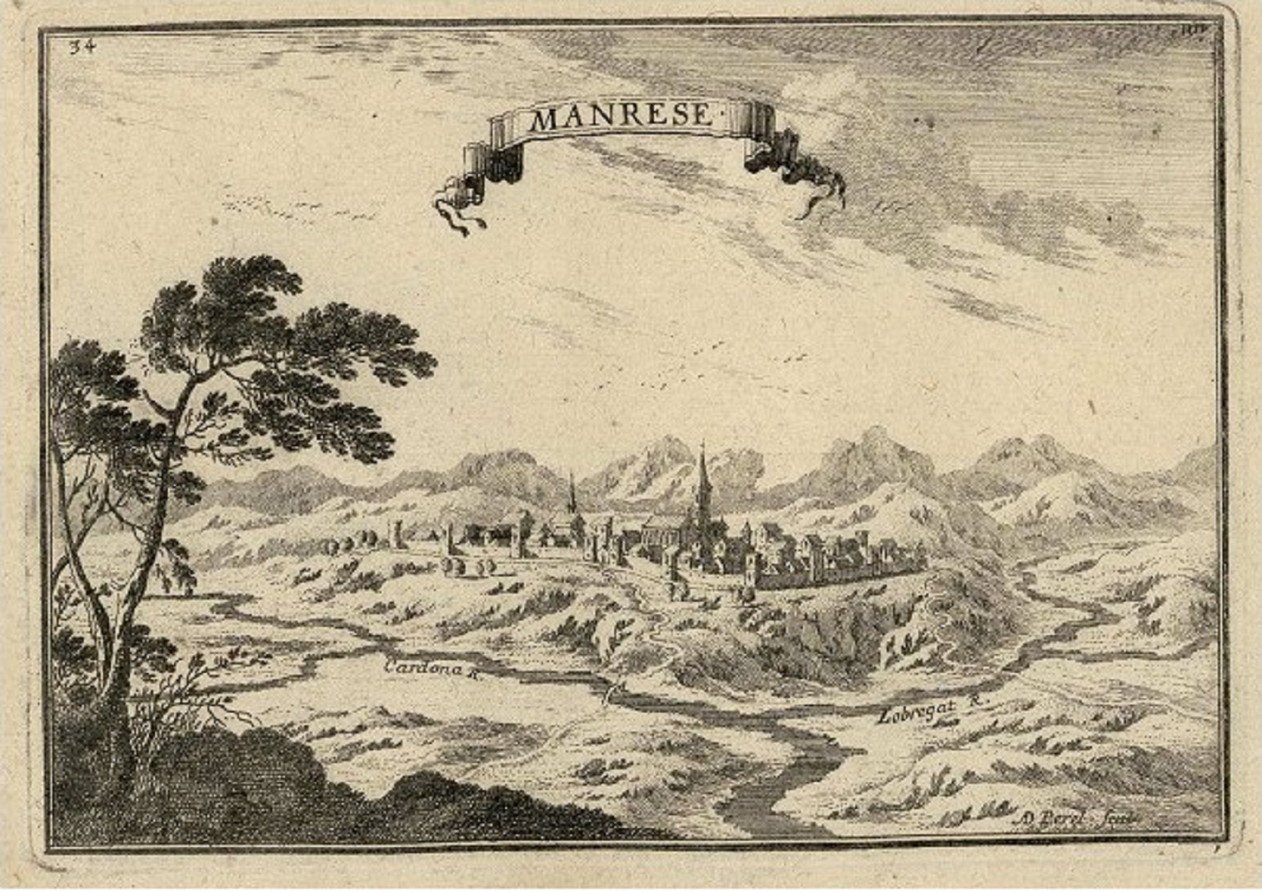 Grabado de Manresa, obra del viajero Beaulieu (1659). Fuente Centro de Estudios del Bages