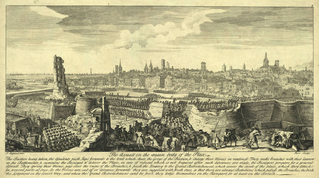 Grabado|Gravado del asalto borbónic franco castellano de 1714 obra de Rigaud. Fuente Instituto Cartográfico de Catalunya