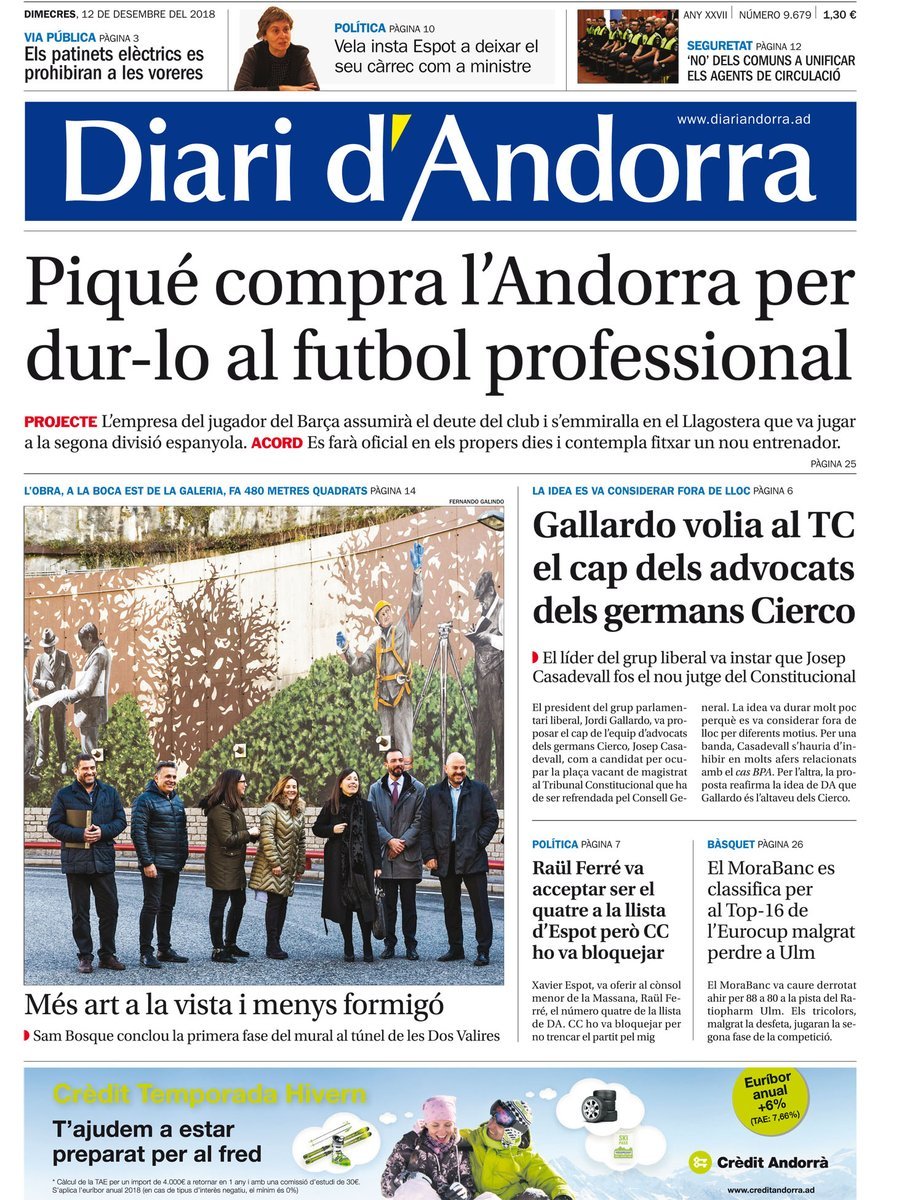 Diari d'Andorra Portada 12 12 2018