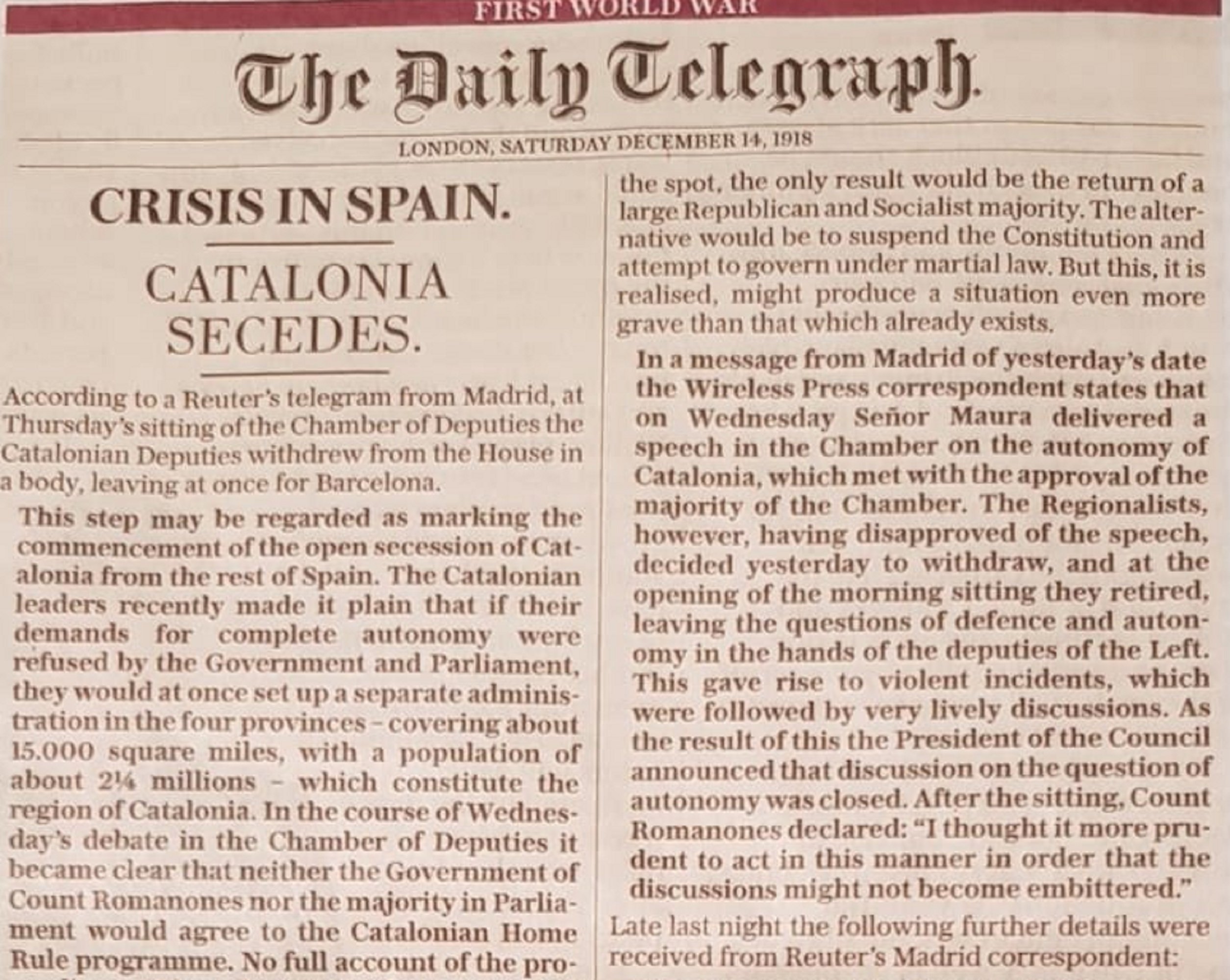 'The Daily Telegraph' recuerda una noticia de hace 100 años de la irresuelta cuestión catalana