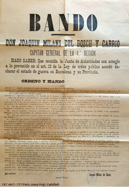 Bando militar de represión de la huelga de la Canadiense. Fuente Archivo Nacional de Catalunya. Fondo Josep Puig i Cadafalch