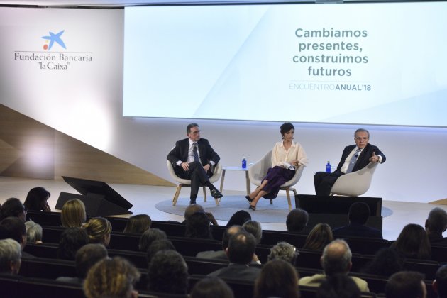Foto Isidre Fainé y Jaume Giró a la presentación empleados nueva campaña la Caja