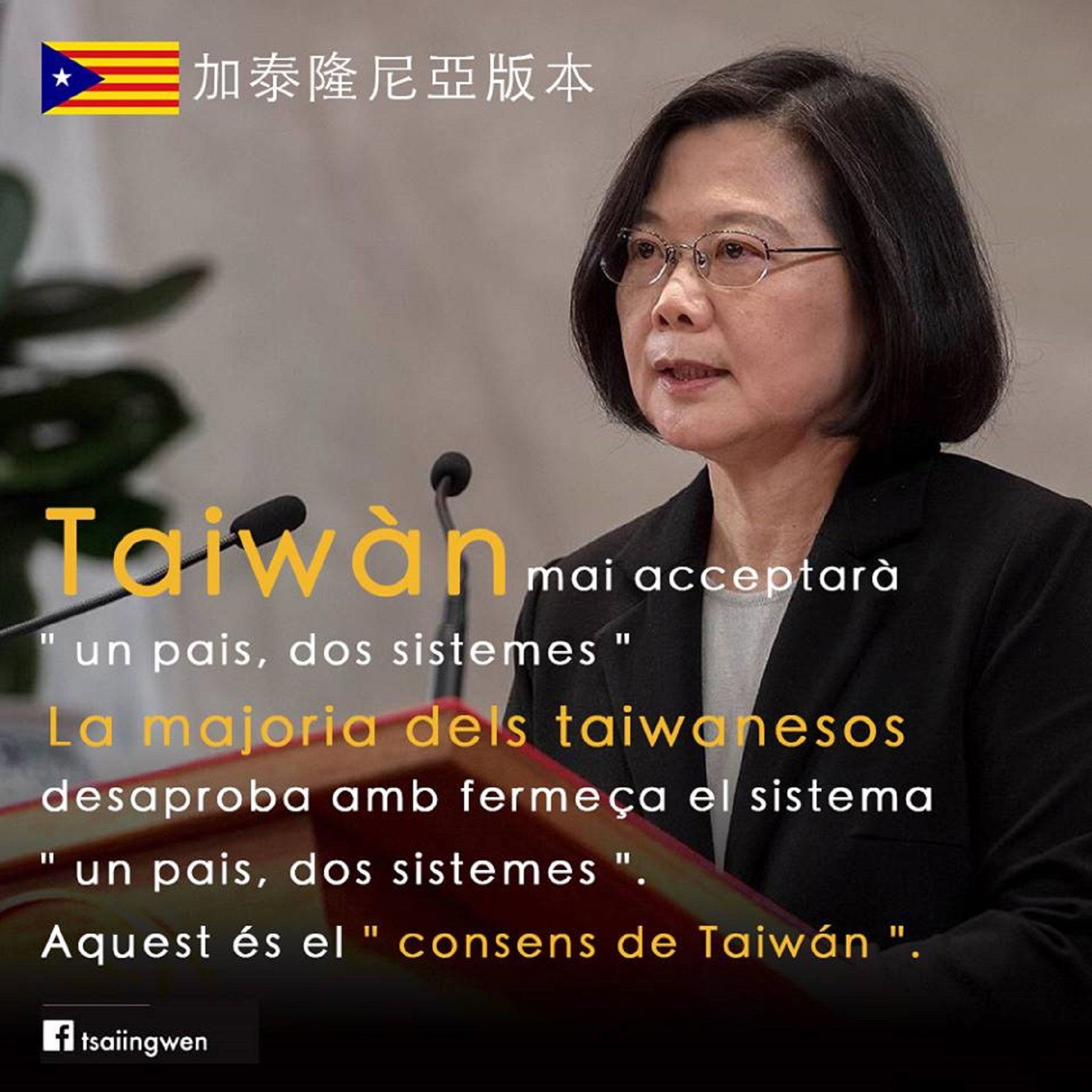 La presidenta de Taiwan desafia la Xina en català i amb una estelada