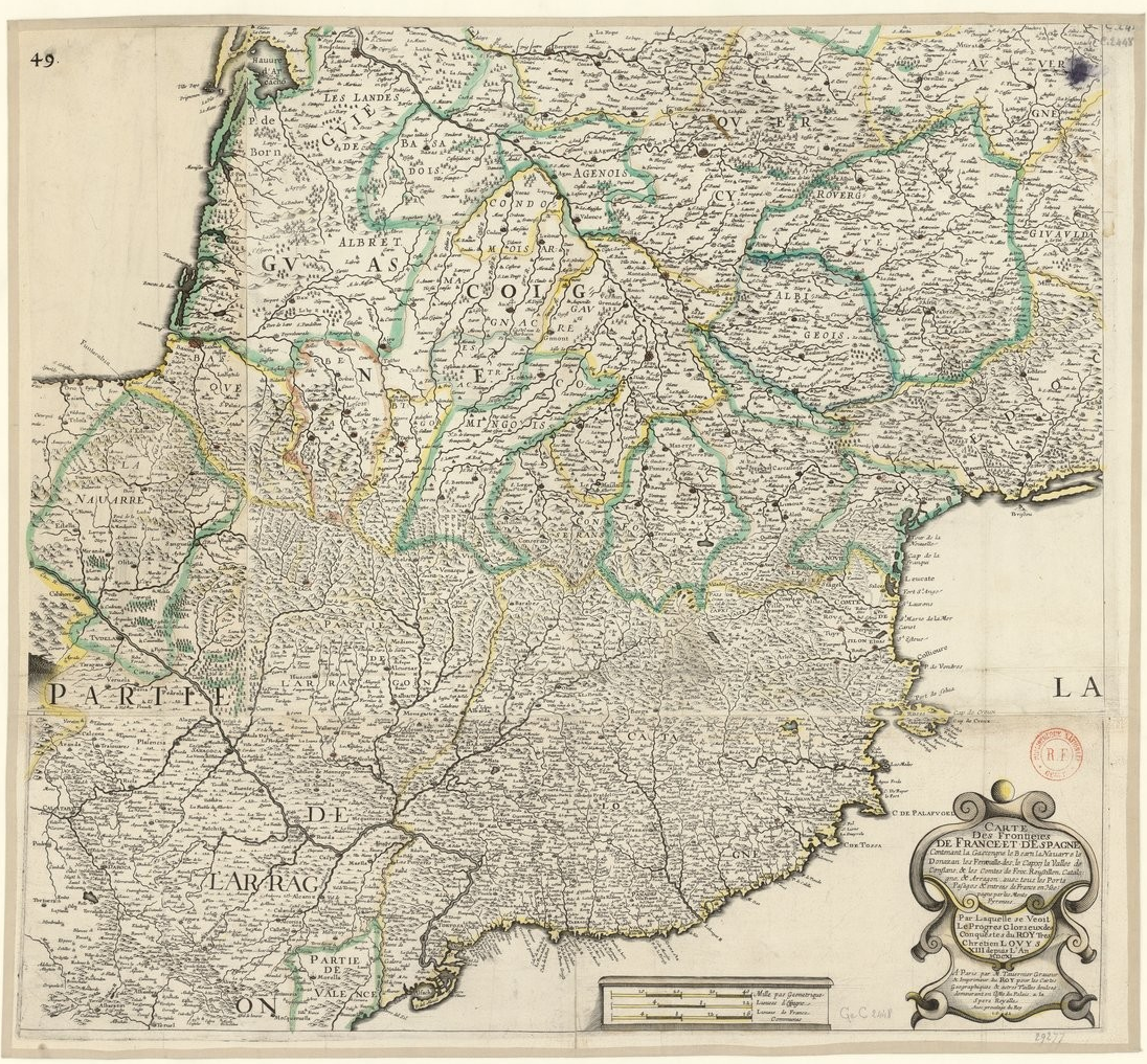 Mapa de la zona fronterera entre les monarquies francesa i hispànica (1642). Font Bibliothèque Nationale de France