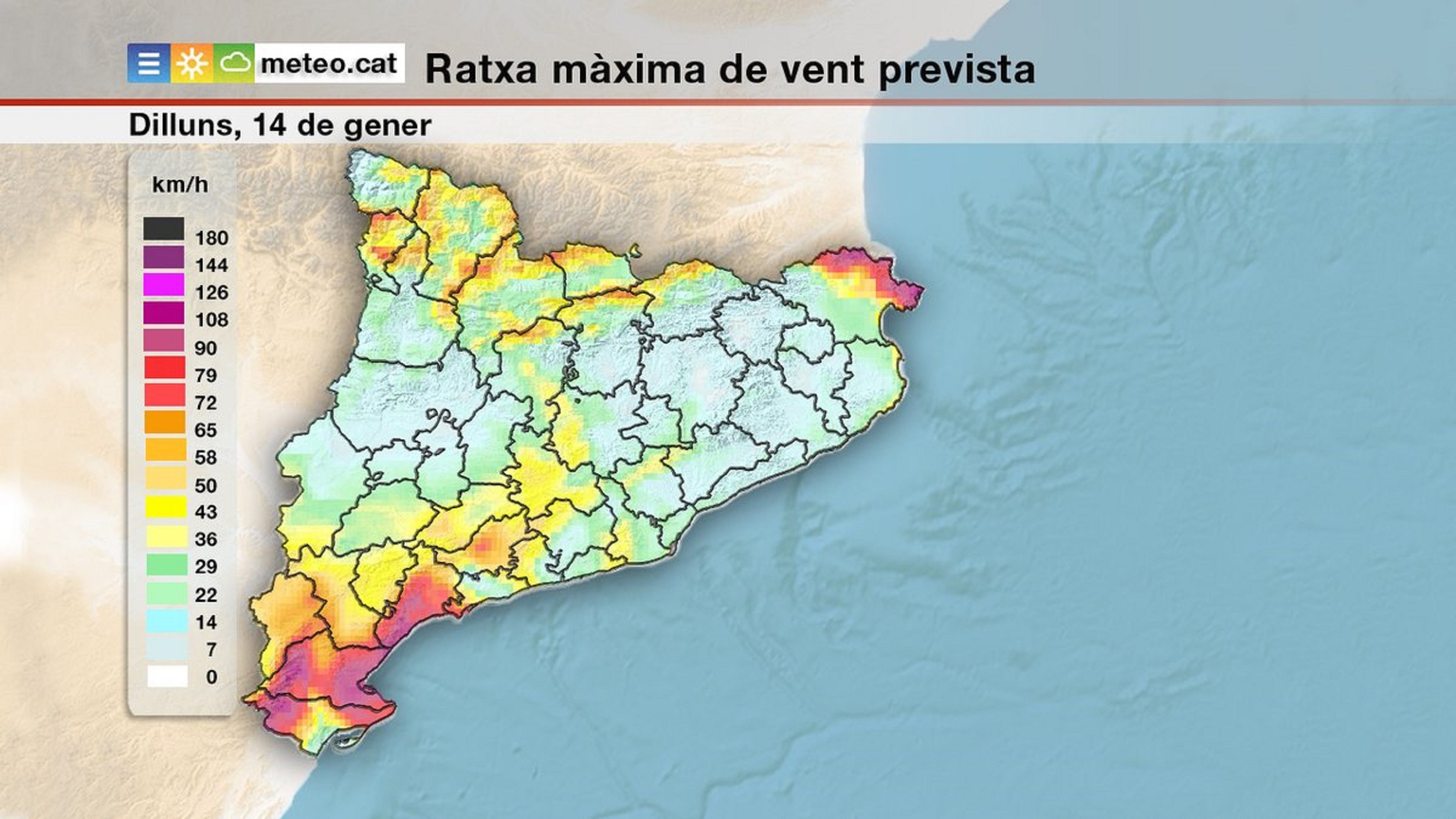 Previsió de ratxes de vent de fins a 100km/h