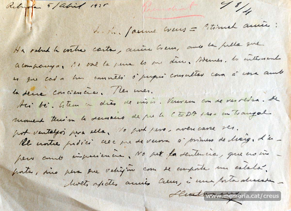 Carta de Companys a Jaume Creus, persona de confiança del difunt president Macià. Abril 1935. Font Blog Memòria
