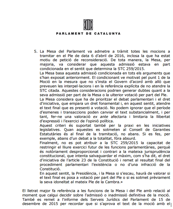 El acta de la reunión donde el letrado mayor desaconseja votar la moción de la CUP