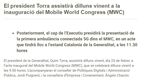 convocatòria premsa Torra Mobile world congress