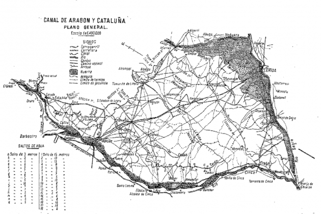 S'inaugura el Canal de Catalunya i Aragó. Mapa de la zona irrigada (1906). Font Revista de Obras Públicas