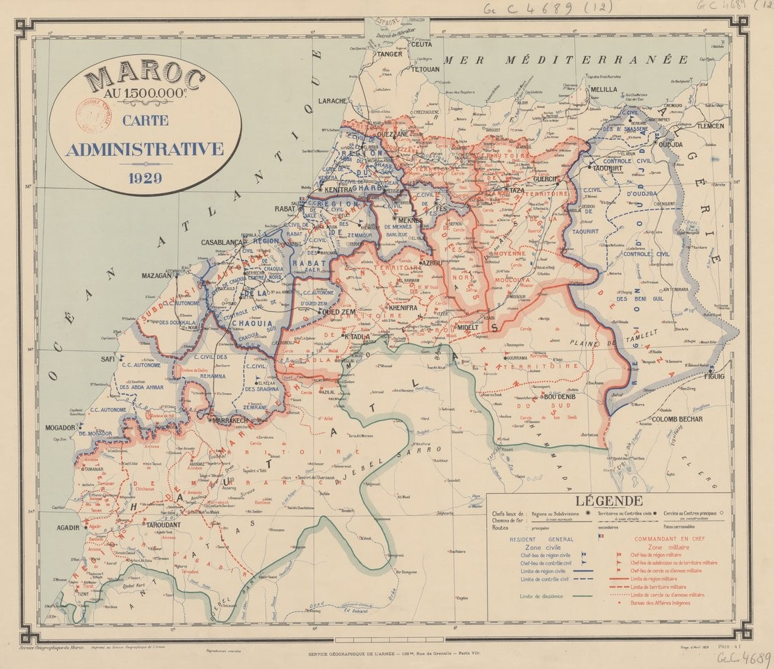 Mapa francès del Marroc (1929), que delimita els protectorats espanyol i francès i la zona internacional de Tànger. Font Bibliothèque Nationale de France