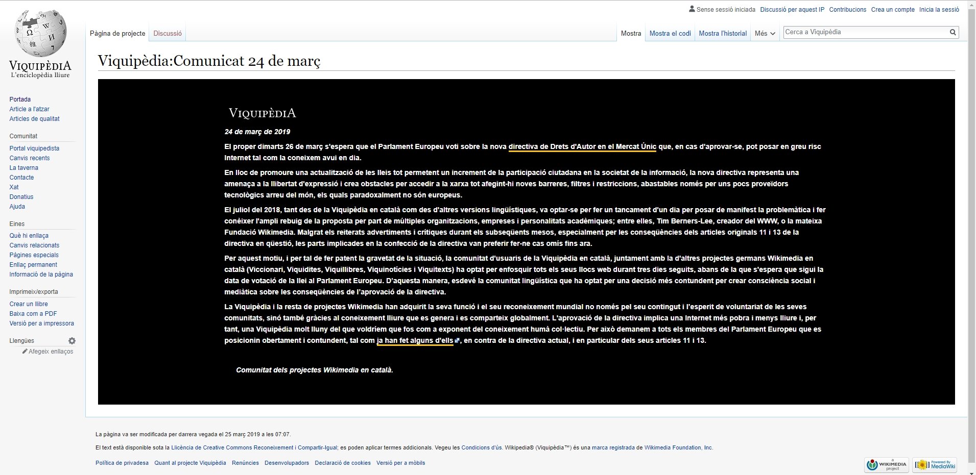 Wikipedia se apaga en protesta contra las directivas de Derechos de Autor de la UE