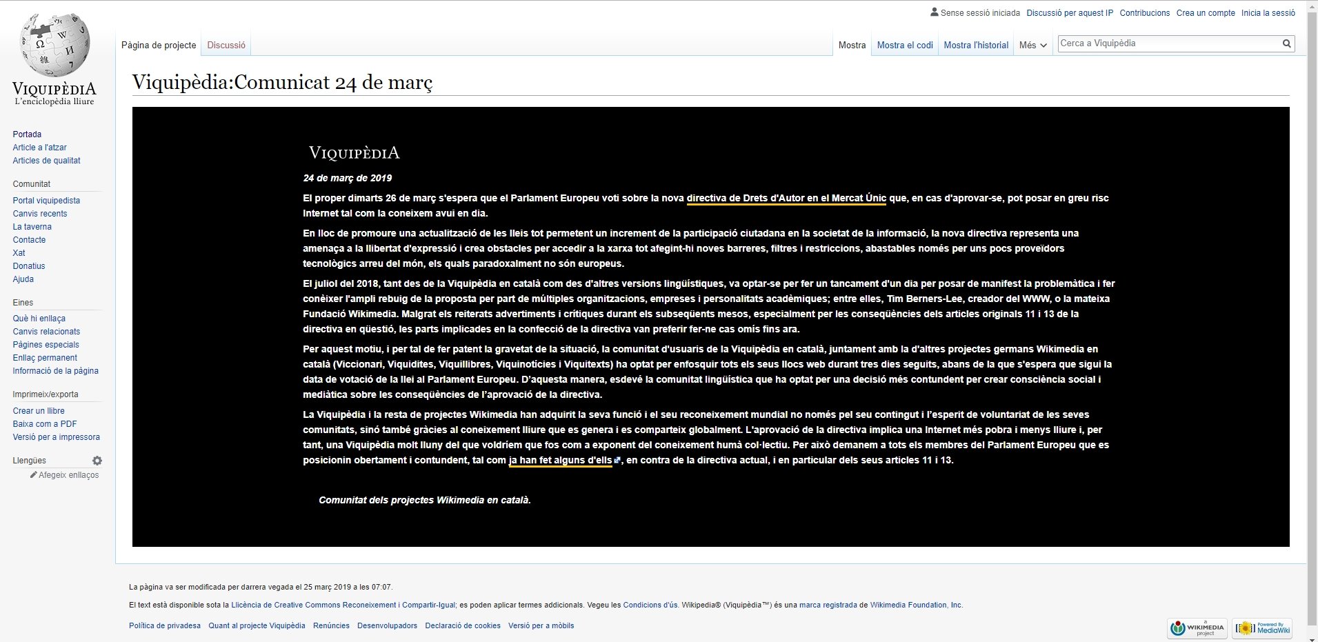 Viquipèdia s'apaga en protesta contra les directives de Drets d'Autor de la UE